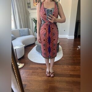 Etro Sleeveless Pink Patterned Knot-Front Sheath Dress. Fits US 4-6. No flaws